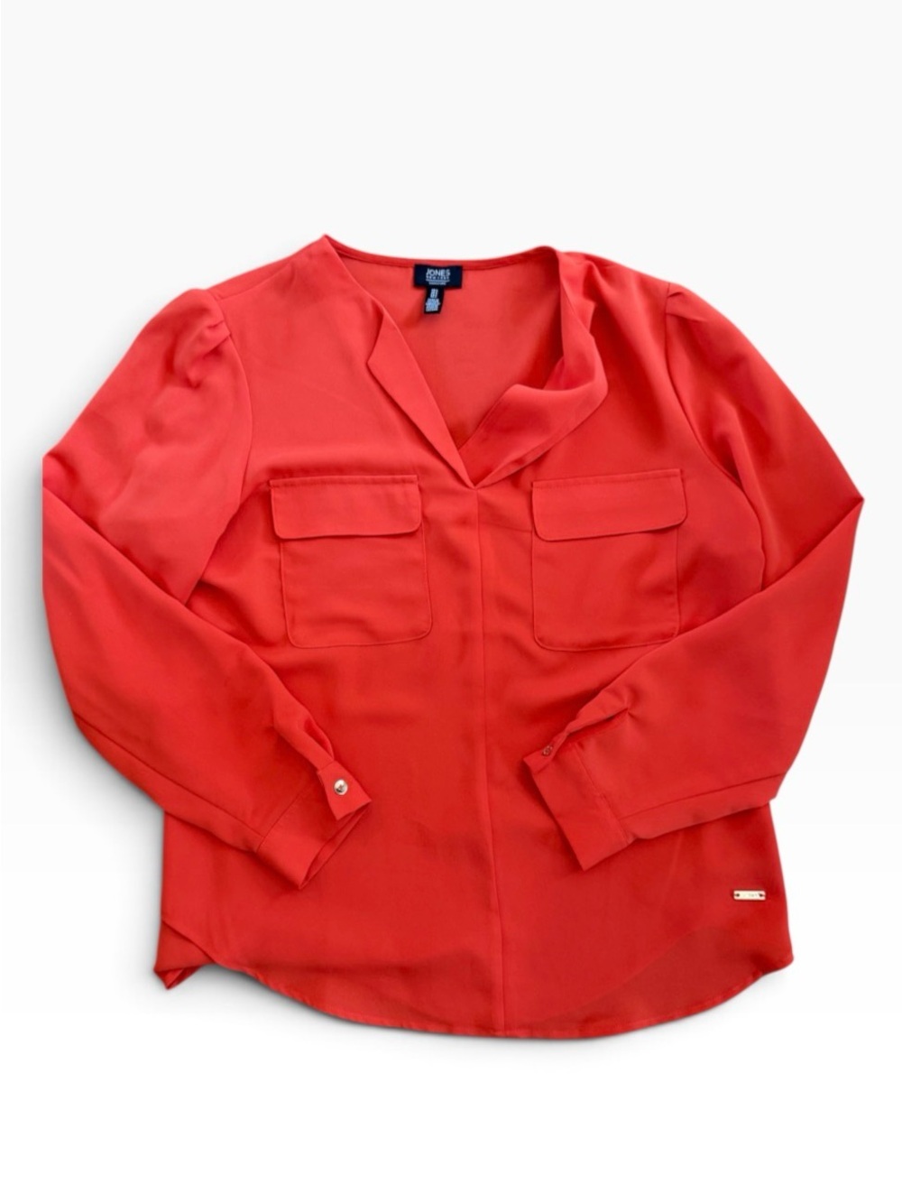 Jones New York Vibrant Orange V-Neck Long Sleeve Pocket Blouse